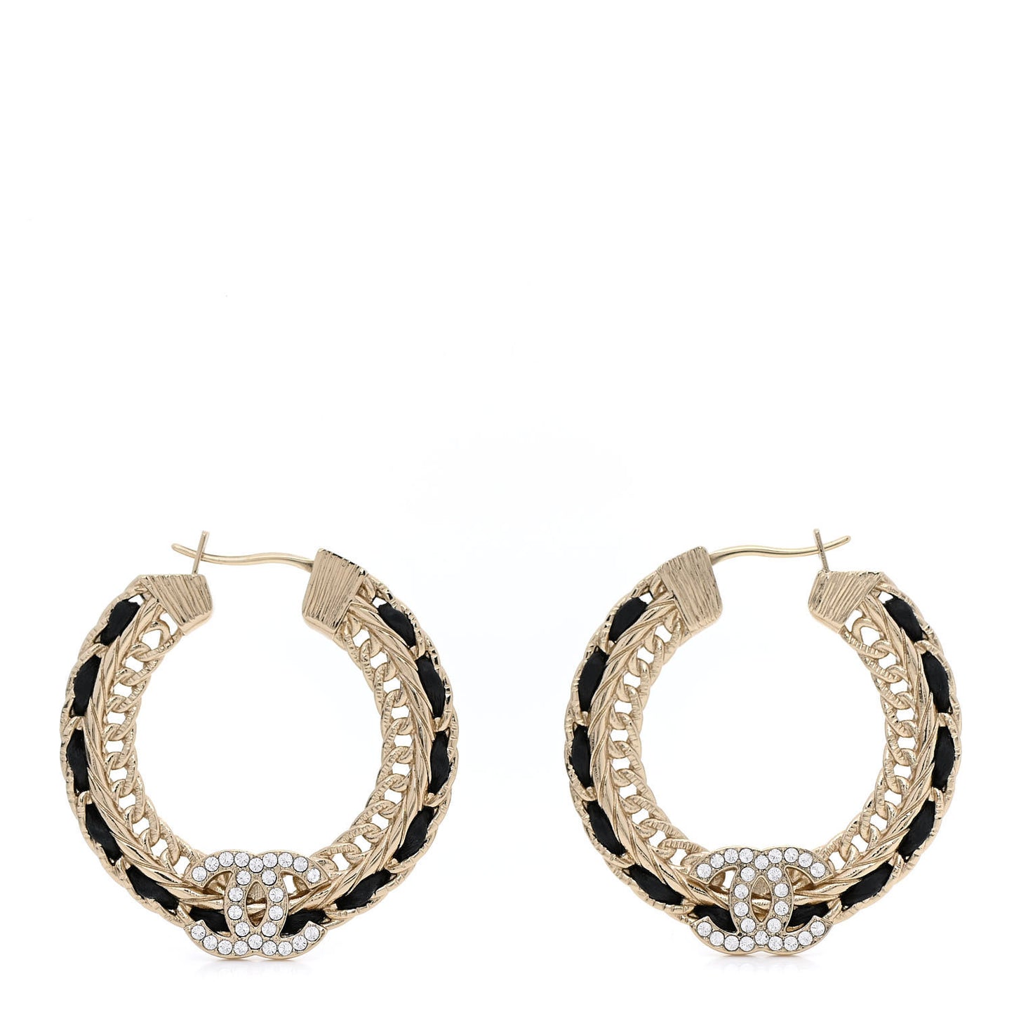 Crystal Lambskin CC Chain Hoop Earrings Gold Black