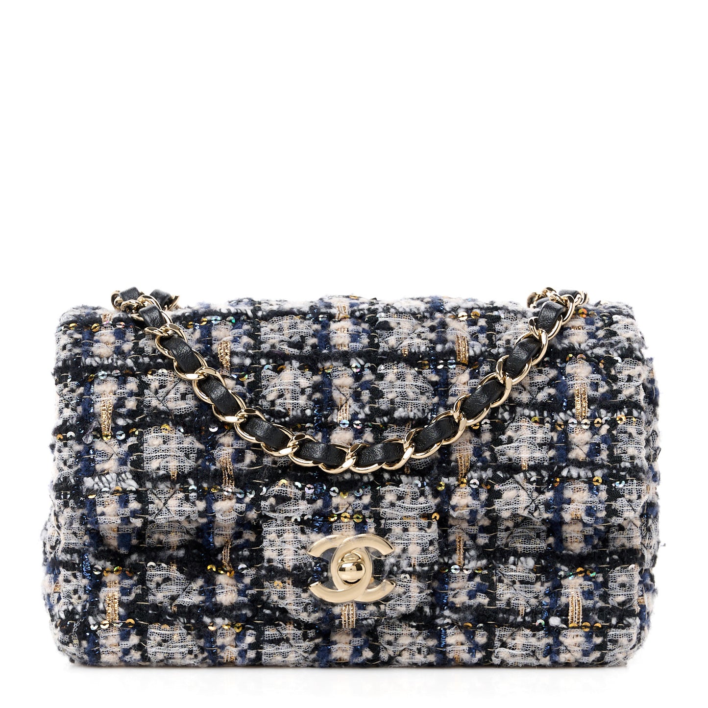 Glittered Tweed Quilted Mini Rectangular Flap Navy Blue