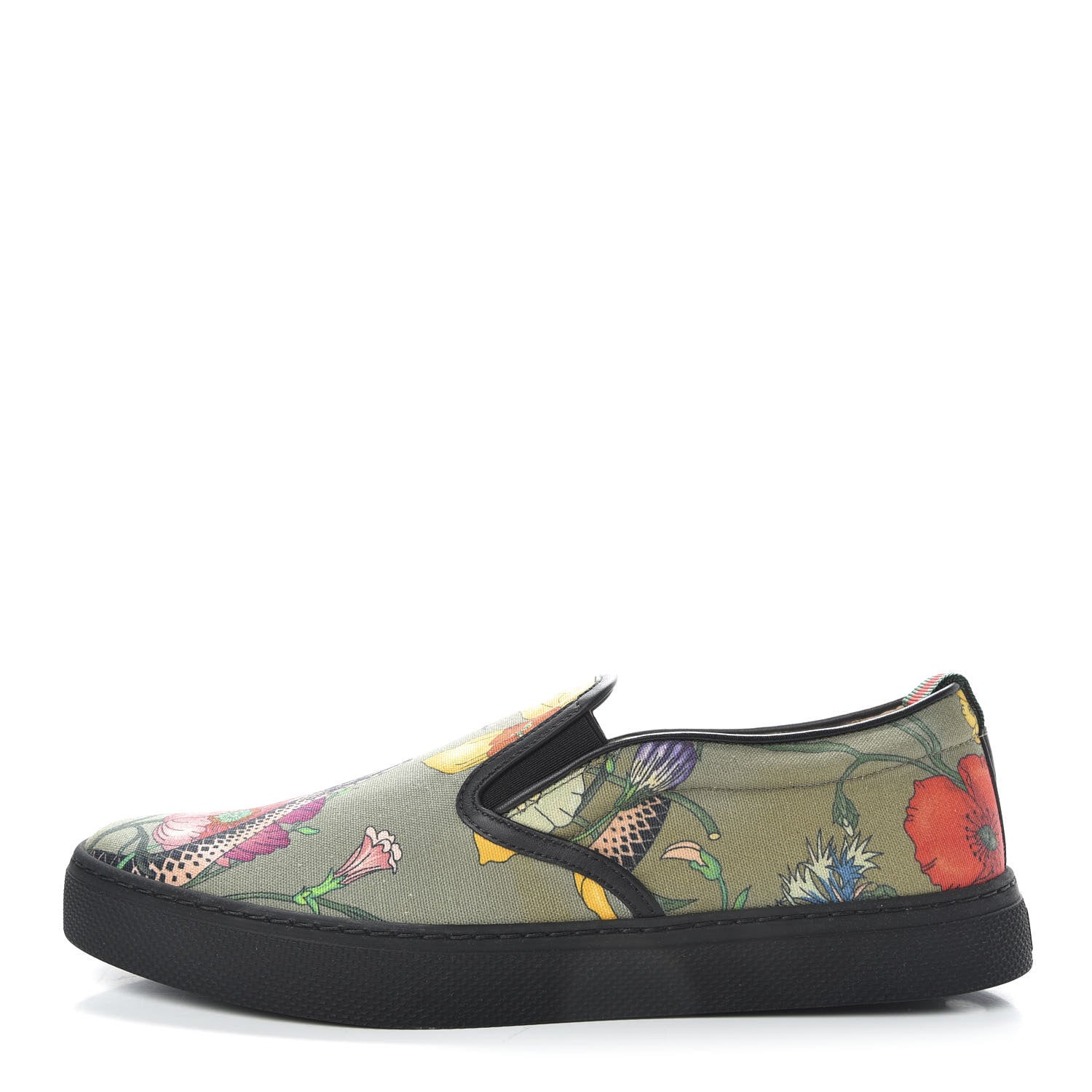 Gucci Canvas Miro Soft Calfskin Web Floral Snake Print Mens Dublin Slip On Sneakers 8 Militare Multicolor Black 1 of 10