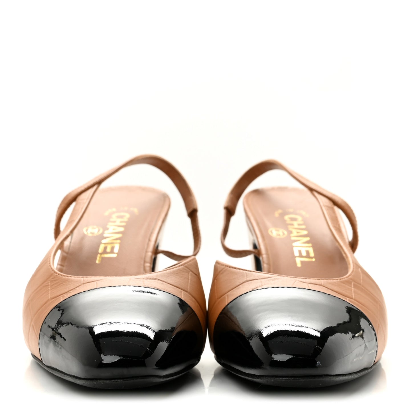 Calfskin Crocodile Embossed Patent Cap Toe CC Slingback Pumps 38.5 Light Brown Black