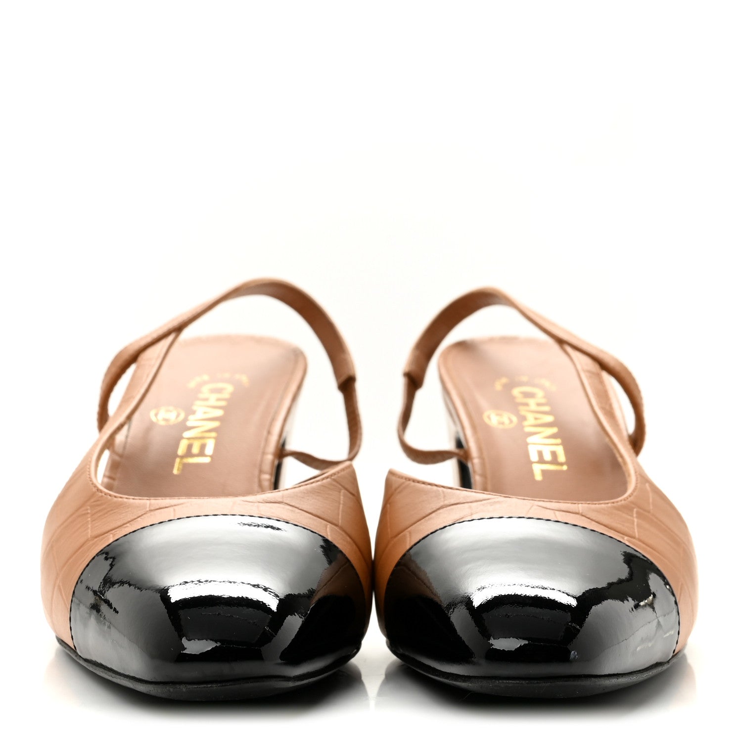 Chanel Calfskin Crocodile Embossed Patent Cap Toe CC Slingback Pumps 38.5 Light Brown Black 3 of 10