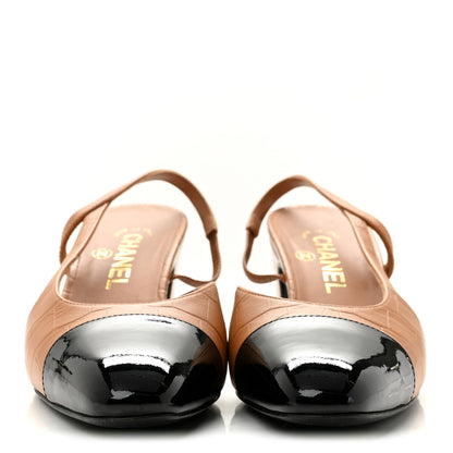 Chanel Calfskin Crocodile Embossed Patent Cap Toe CC Slingback Pumps 38.5 Light Brown Black 3 of 10
