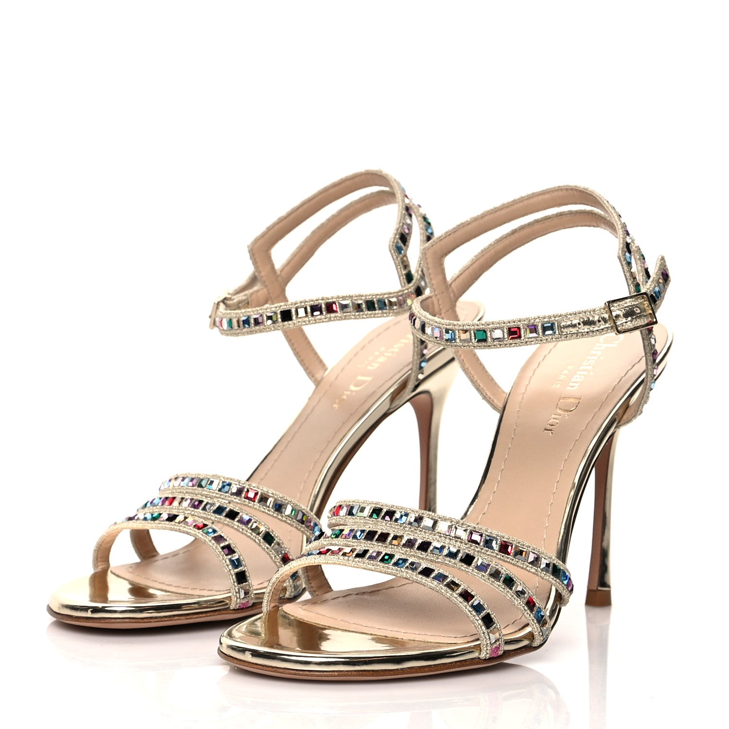 Christian Dior Metallic Calfskin Crystal Strap Sandal Pumps 37.5 Gold 3 of 7