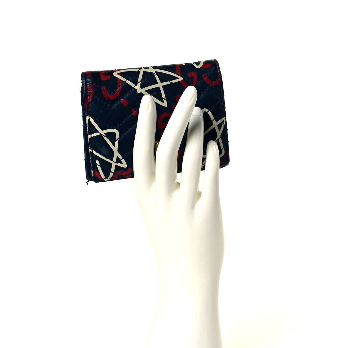 Calfskin Matelasse GucciGhost GG Marmont Card Case Blue Agata Hibiscus Red