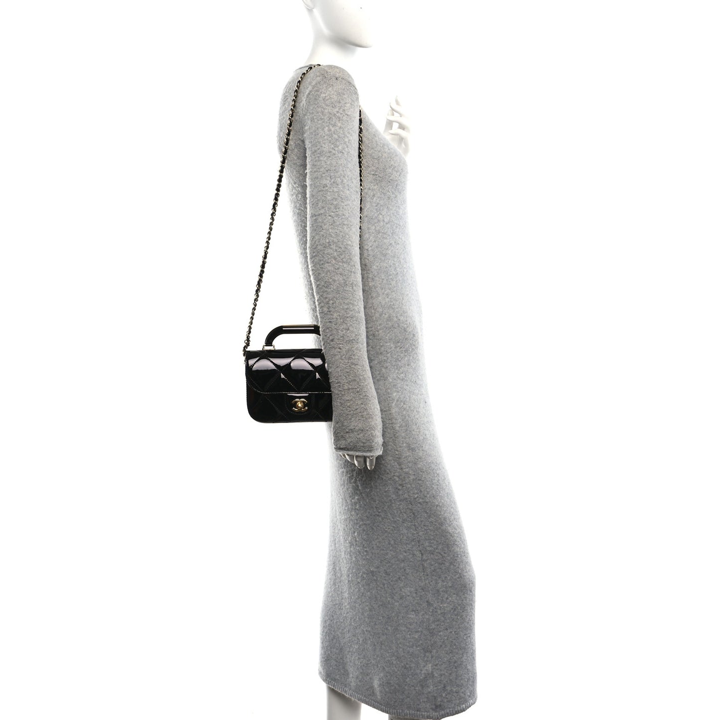 Metallic Mirror Calfskin Mini Top Handle Clutch With Chain  Black
