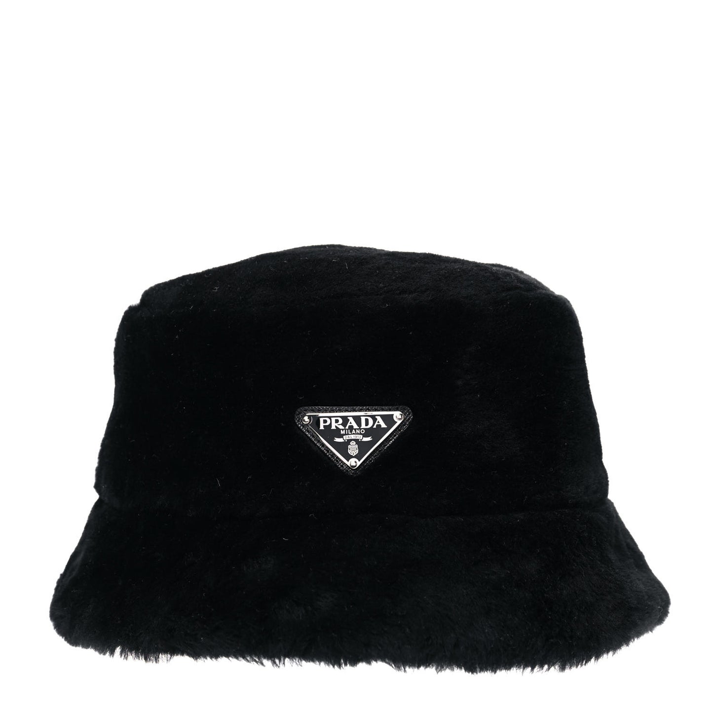 Shearling Metal Triangle Logo Womens Bucket Hat M Black