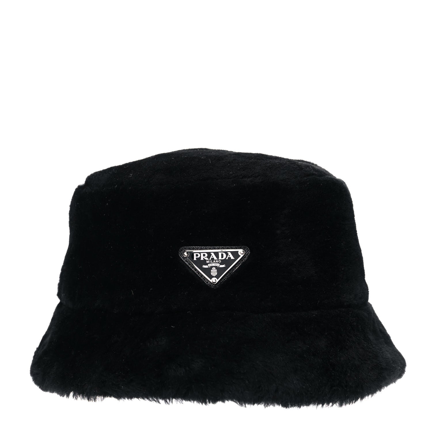 Prada Shearling Metal Triangle Logo Womens Bucket Hat M Black 7 of 9