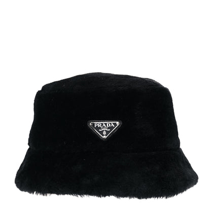 Prada Shearling Metal Triangle Logo Womens Bucket Hat M Black 7 of 9