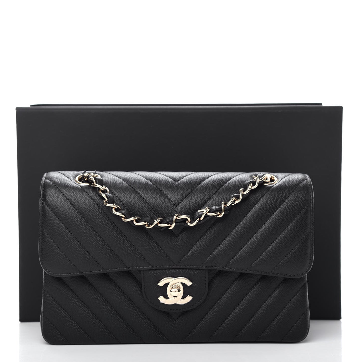Caviar Chevron Quilted Small Double Flap Black