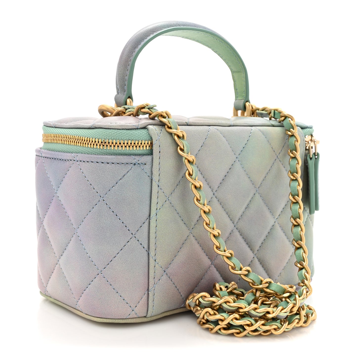 Lambskin Quilted Ombre Small Top Handle Vanity Case With Chain Blue Green