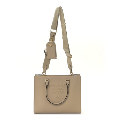 Prada Saffiano Lux Logo Embossed Medium Shoulder Tote Handbag Sabbia 1 of 8