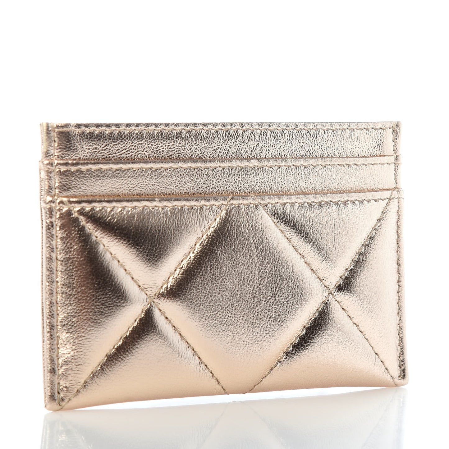 Metallic Goatskin Quilted Chanel 19 Card Holder Gold