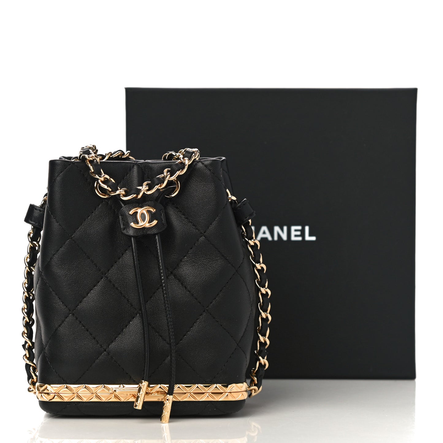 Metal Lambskin Quilted Small Chain Bucket Bag Black