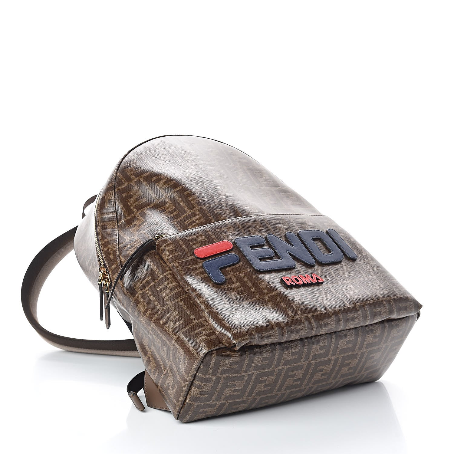 Fendi X FILA Glazed Fabric Vitello Century FF 1974 Mania Pouch Pocket Backpack Mogano Panna Blueberry 4 of 10
