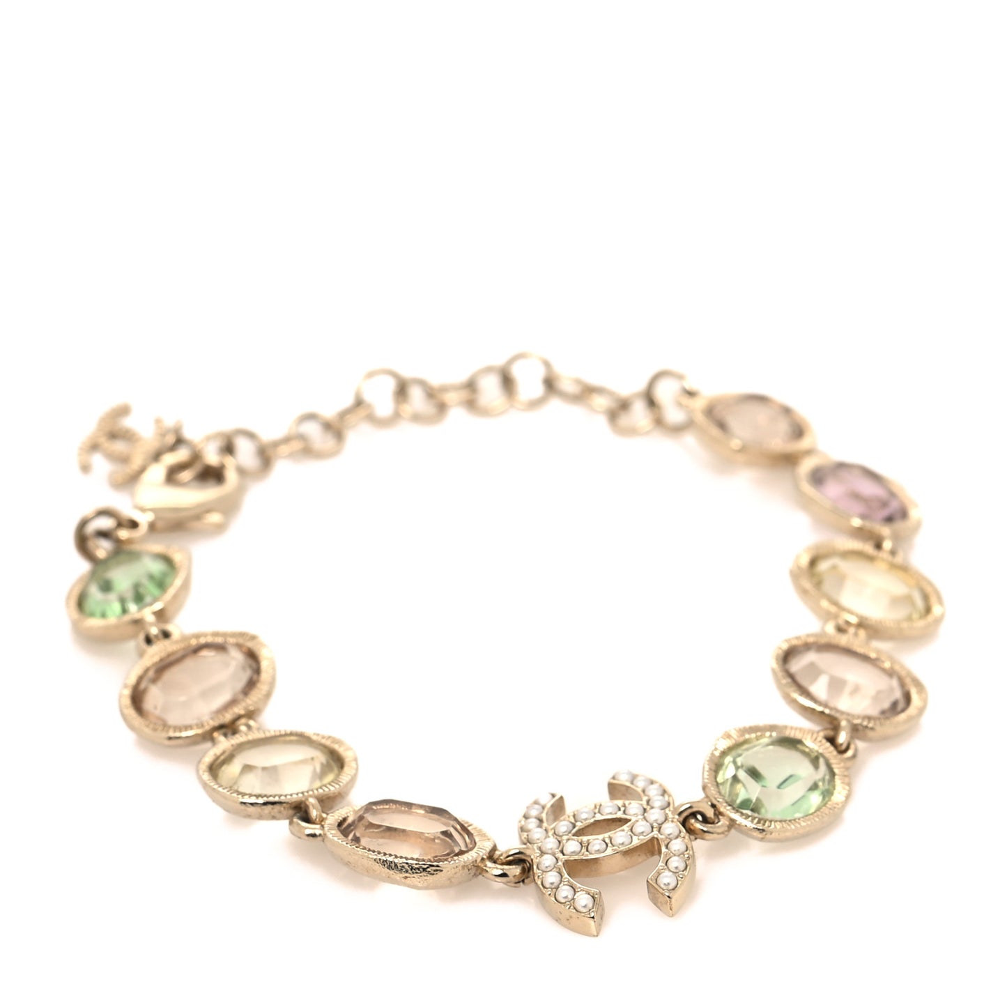 Metal Glass Crystal Strass Pearl CC Chain Bracelet Gold Multicolor Pearly White