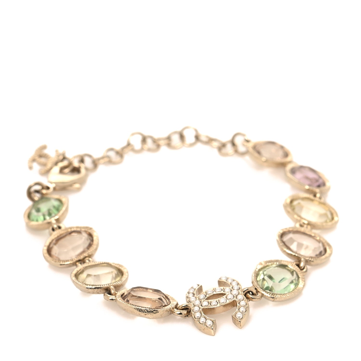 Chanel Metal Glass Crystal Strass Pearl CC Chain Bracelet Gold Multicolor Pearly White 1 of 5
