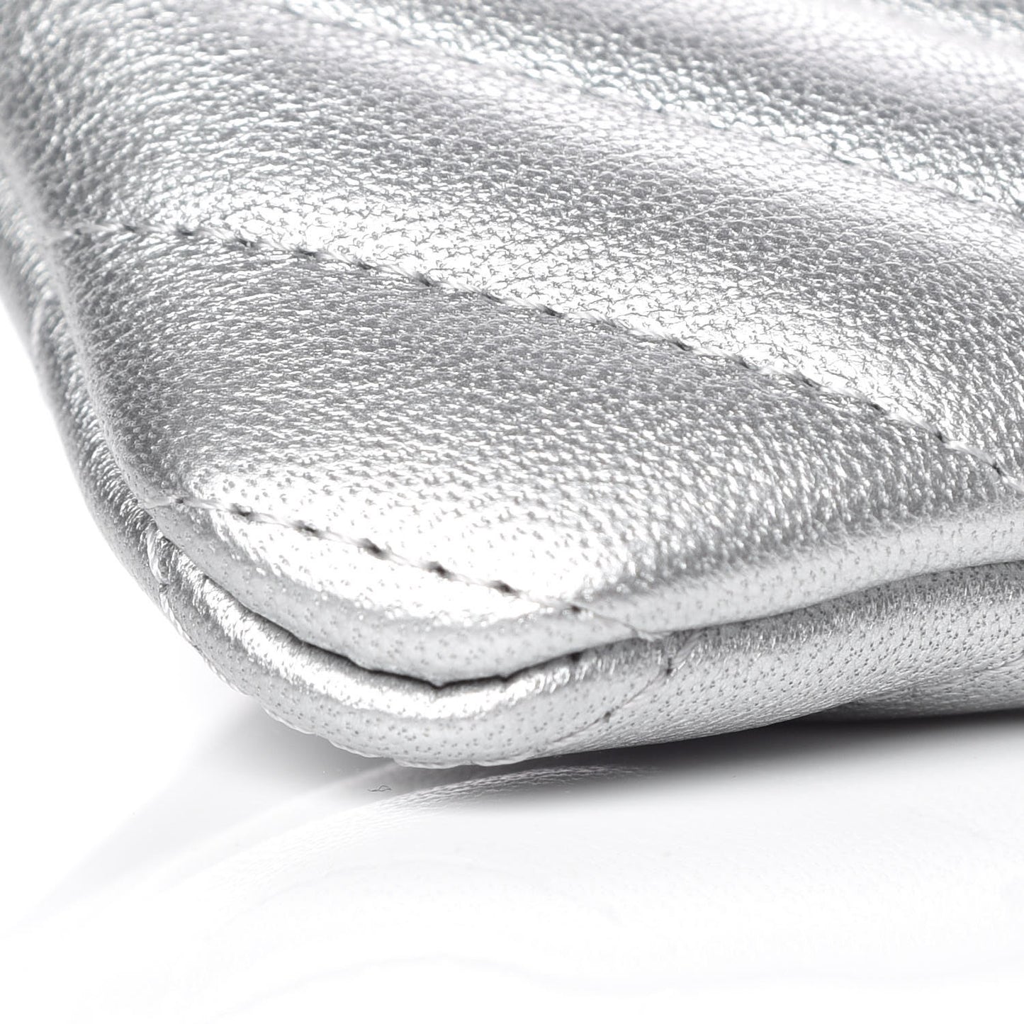Metallic Sheepskin Chevron Quilted Small Vintage Mademoiselle Cosmetic Case Silver