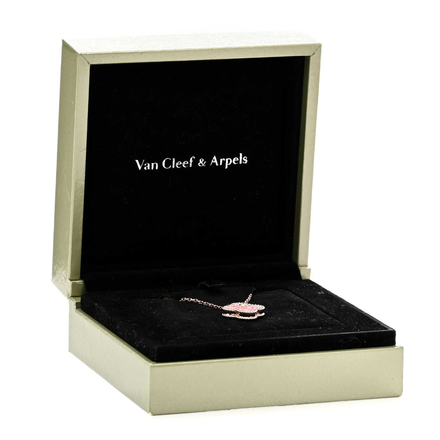 Van Cleef & Arpels 18K Rose Gold Diamond Pink Porcelain Vintage Alhambra Pendant Necklace 5 of 5