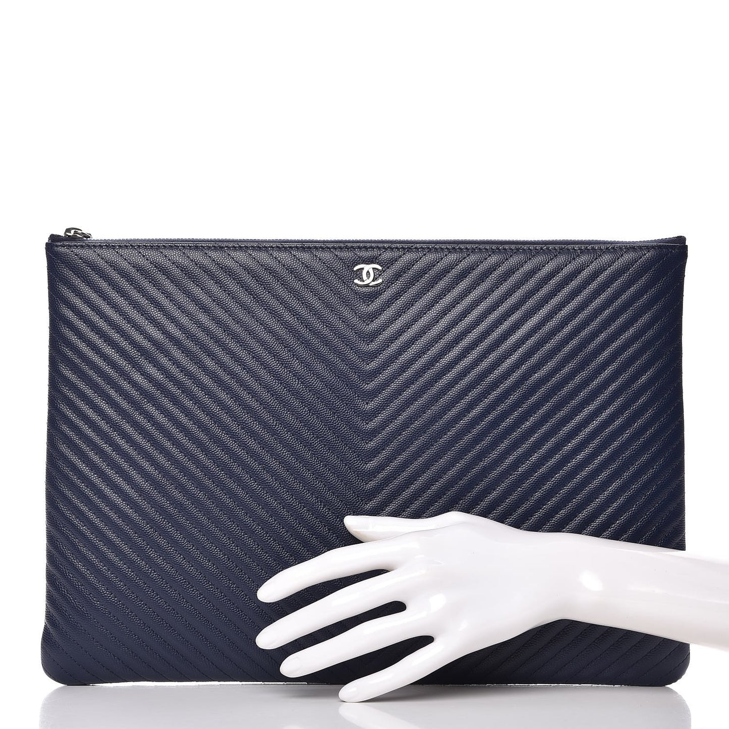 Caviar Chevron Quilted Large Cosmetic Case Navy