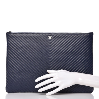 Chanel Caviar Chevron Quilted Large Cosmetic Case Navy 2 of 7