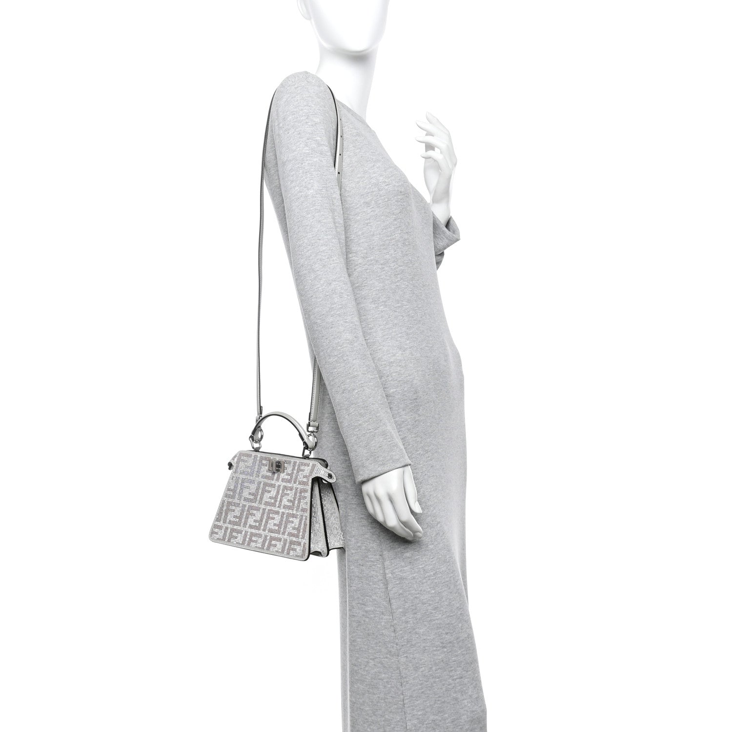 Fendi Iridescent Crystal Vitello Laminato Suede FF Petite Peekaboo I SEE U Satchel Cappuccino 2 of 12