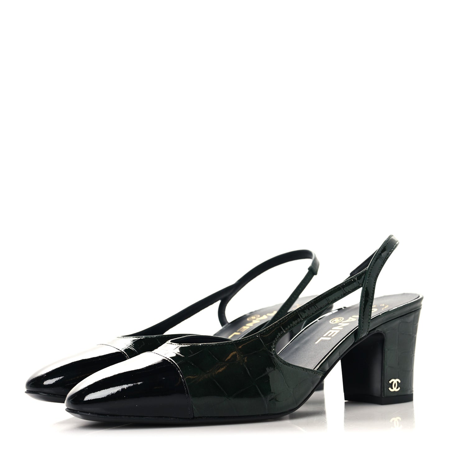 Patent Calfskin Crocodile Embossed Cap Toe CC Slingback Pumps 36 Burgundy Black 37.5 Dark Green Black 40 Dark Green Black