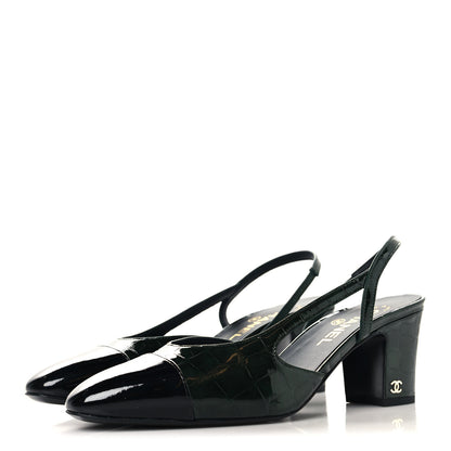Chanel Patent Calfskin Crocodile Embossed Cap Toe CC Slingback Pumps 36 Burgundy Black 37.5 Dark Green Black 40 Dark Green Black 4 of 10