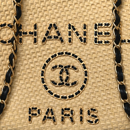Chanel Straw Raffia Calfskin Chain Medium Deauville Tote Beige Black 8 of 12