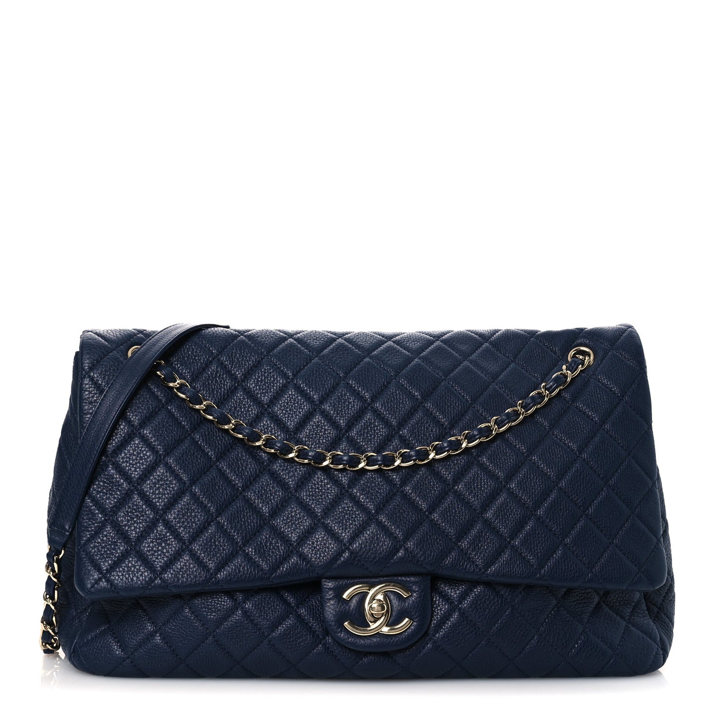 Metallized Calfskin Quilted XXL Travel Flap Bag Navy