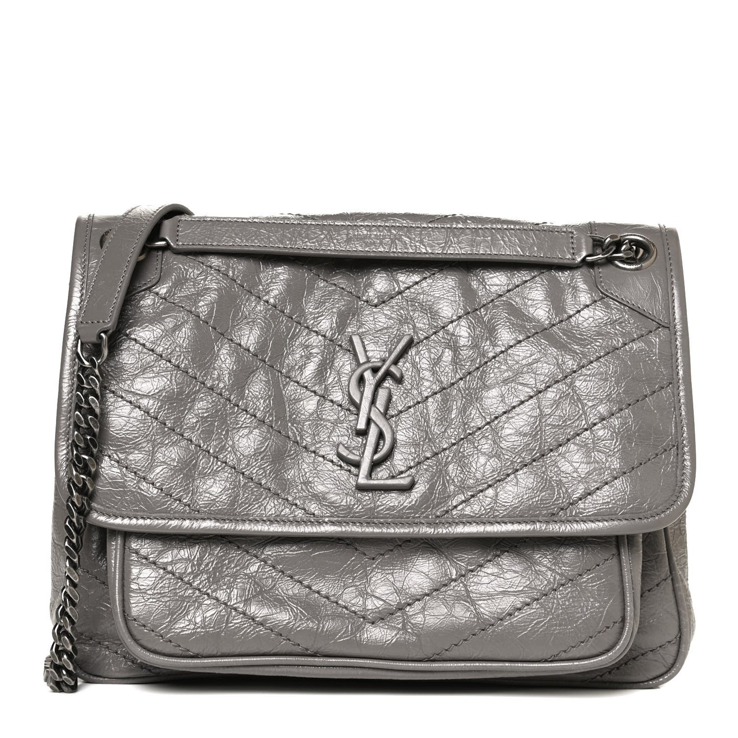 Crinkled Calfskin Matelasse Monogram Medium Niki Chain Satchel Fog