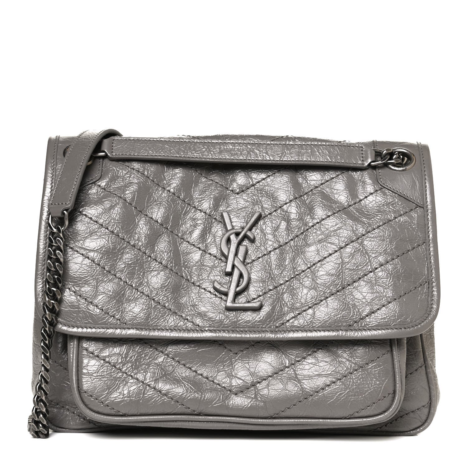 Saint Laurent Crinkled Calfskin Matelasse Monogram Medium Niki Chain Satchel Fog 1 of 14