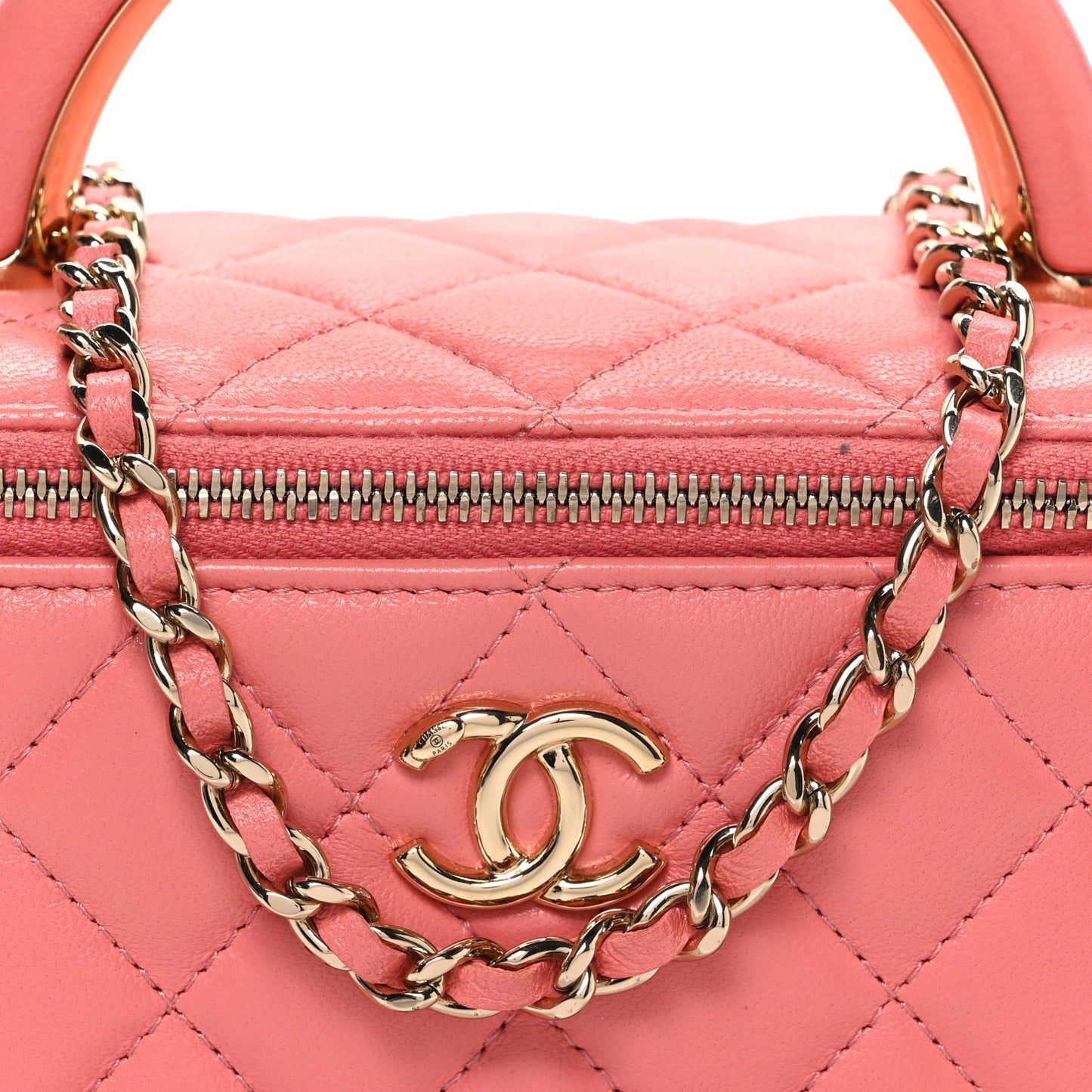 Lambskin Quilted Small Charming Top Handle Vanity Case With Chain Pink