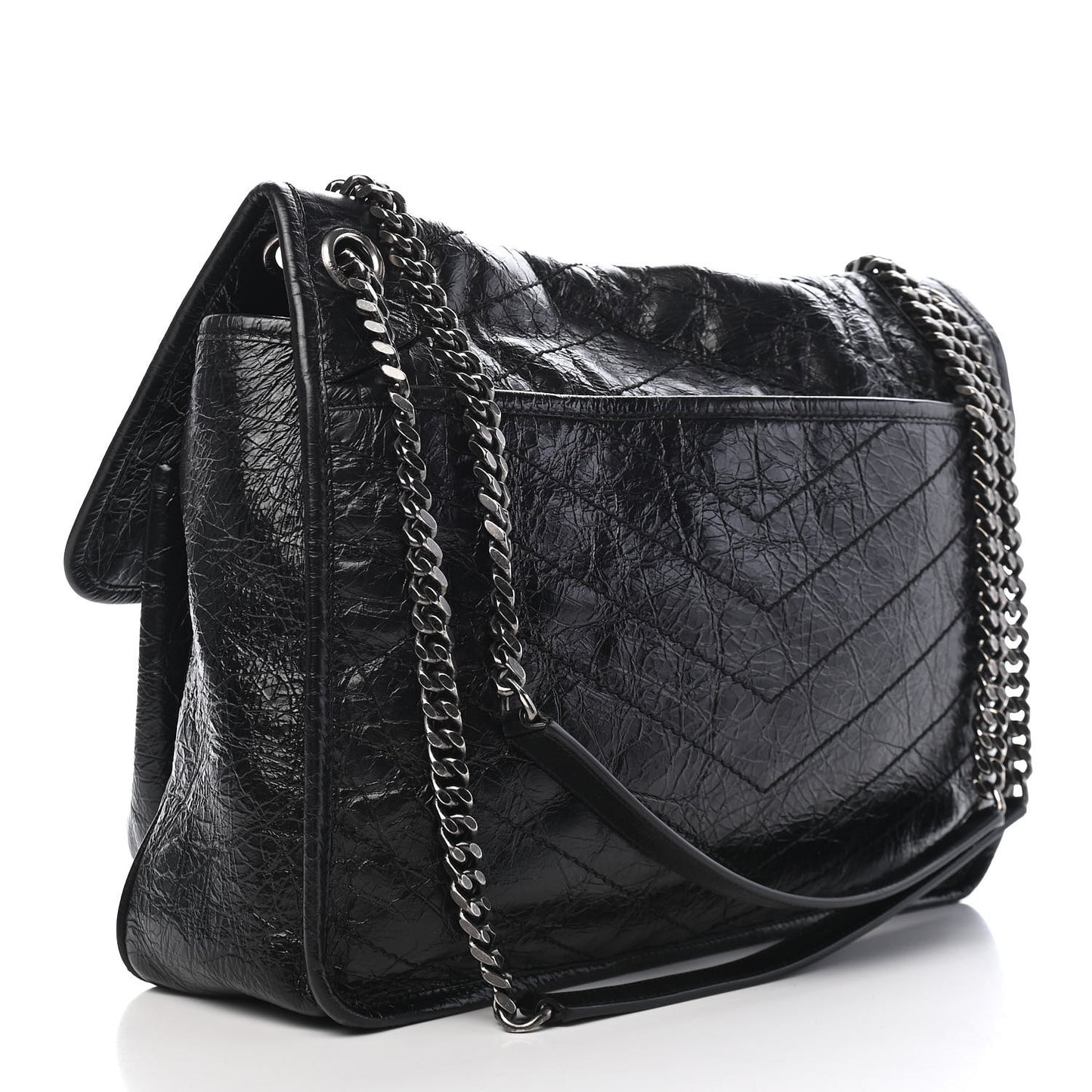 Crinkled Calfskin Matelasse Monogram Large Niki Chain Satchel Black