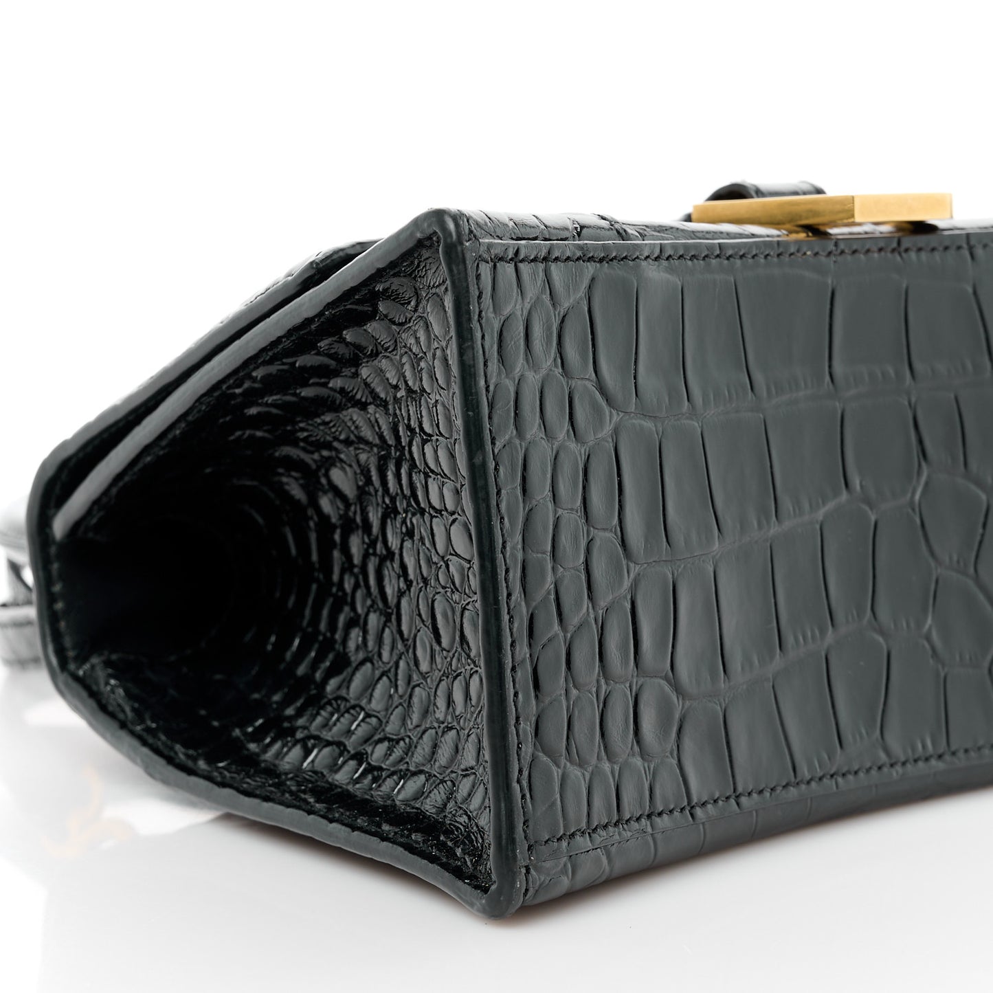 Shiny Calfskin Crocodile Embossed Small Hourglass Top Handle Bag Black