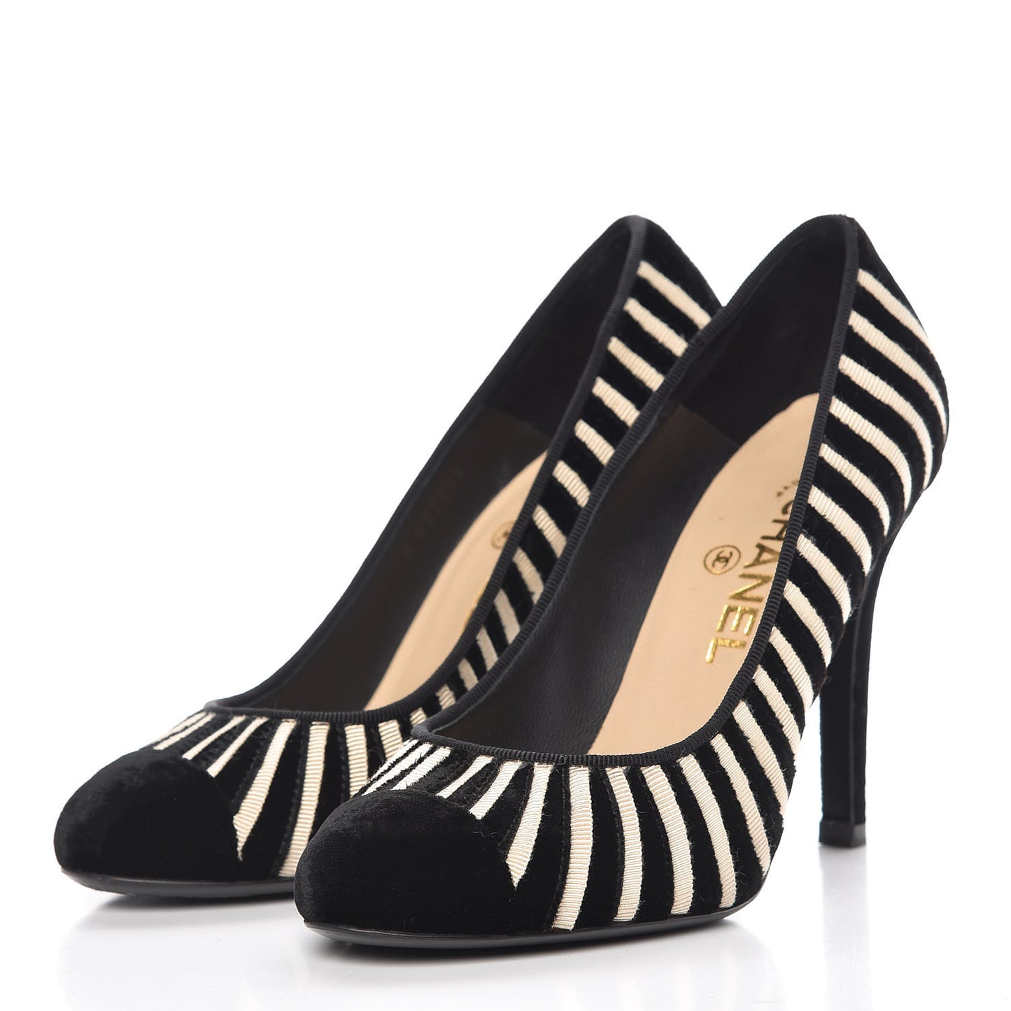 Velvet Stripe Cap Toe Pumps 37 Black Beige