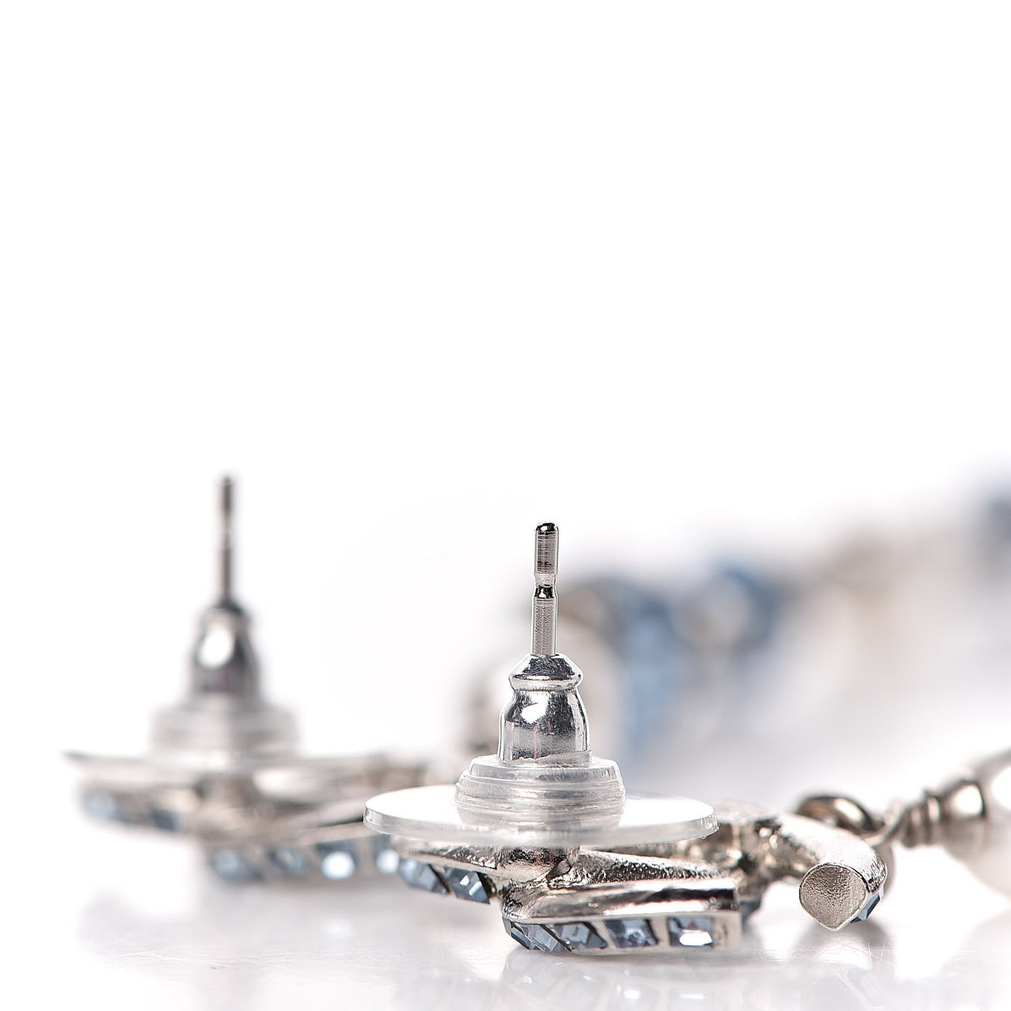 Crystal Pearl Bead CC Long Drop Earrings Silver Blue