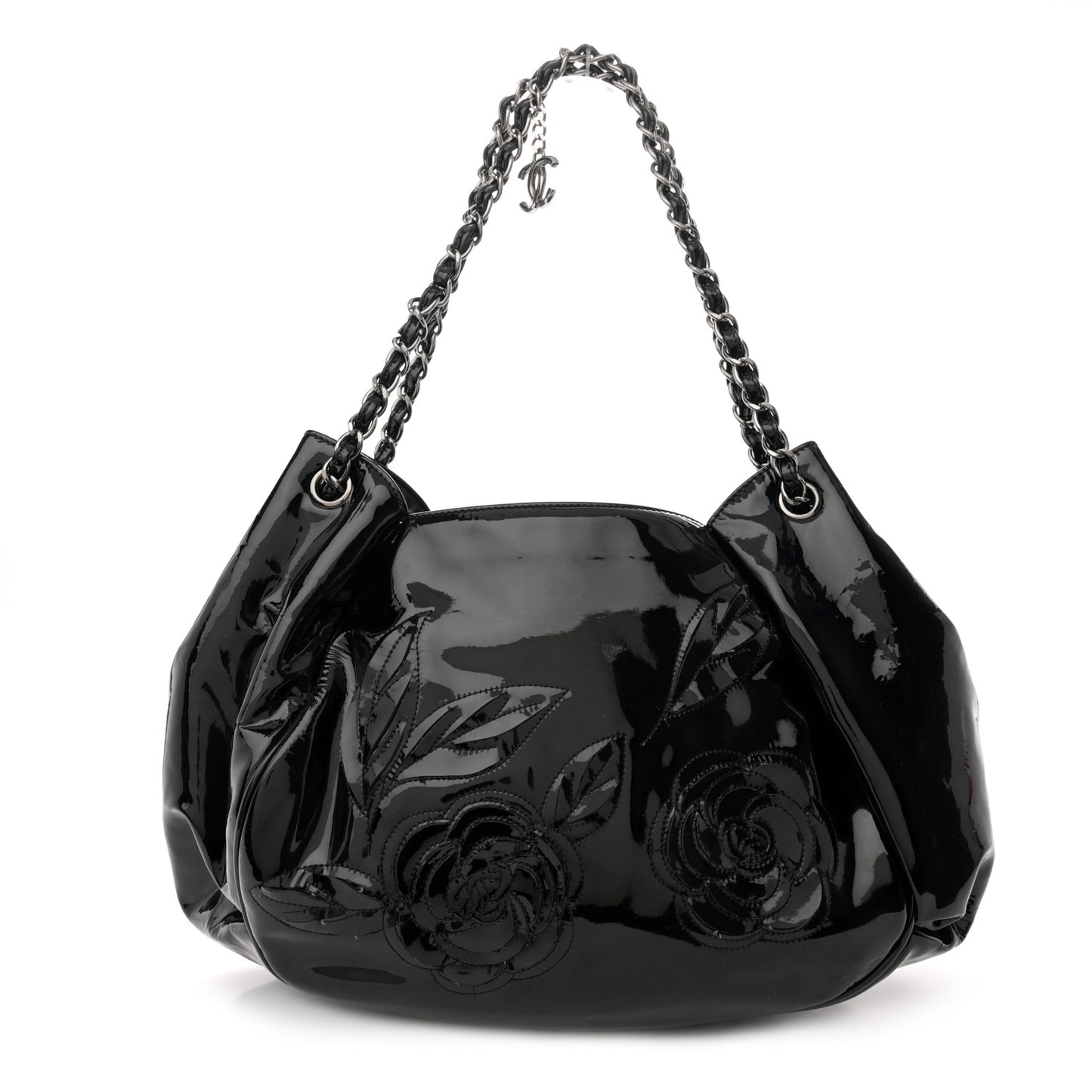 Patent Camellia Shoulder Bag Black