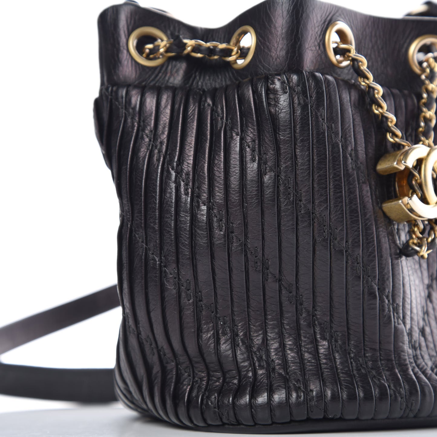 Iridescent Crumpled Calfskin Coco Pleats Small Drawstring Bag Black