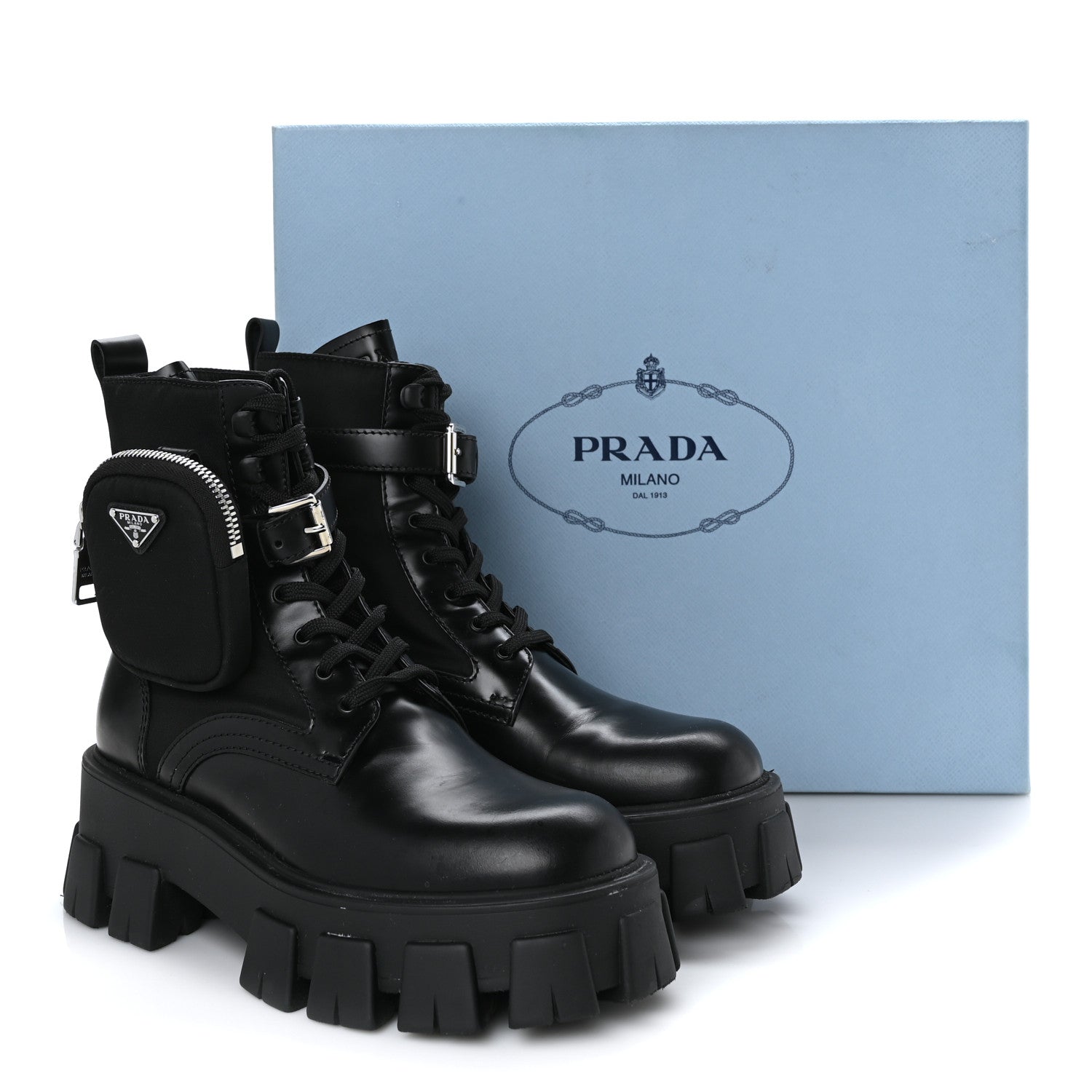 Prada Spazzolato Rois Nylon Metal Triangle Logo Monolith Pouch Pocket 55mm Boots 37.5 Black 9 of 9