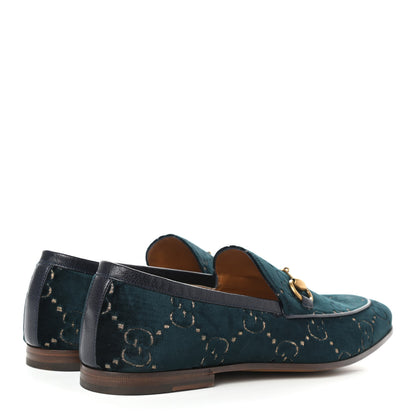 Gucci Velvet GG Monogram Horsebit Mens Jordaan Loafers 7.5 Blue Beige 4 of 8