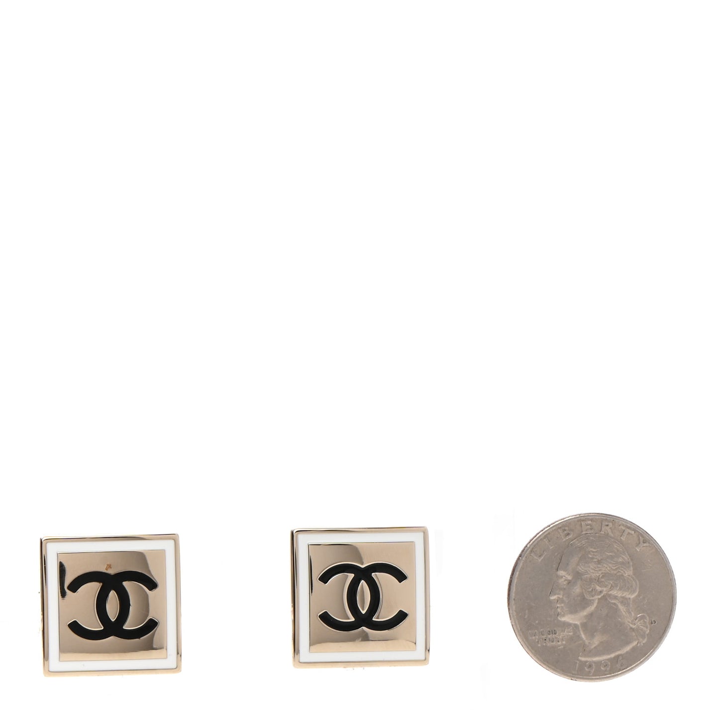 Metal Enamel CC Square Earrings Gold Black White