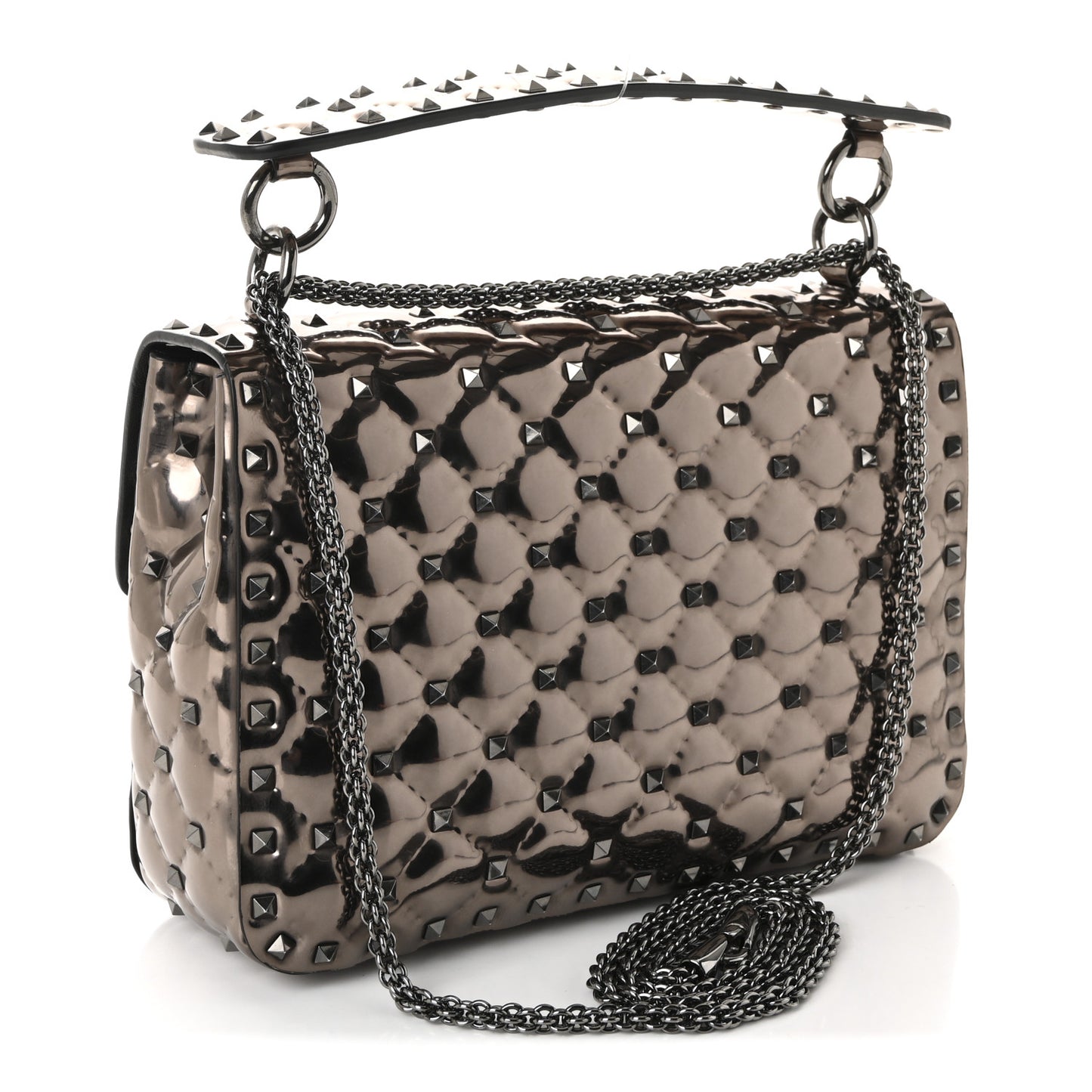 Metallic Patent Medium Rockstud Spike Shoulder Bag Rutenio