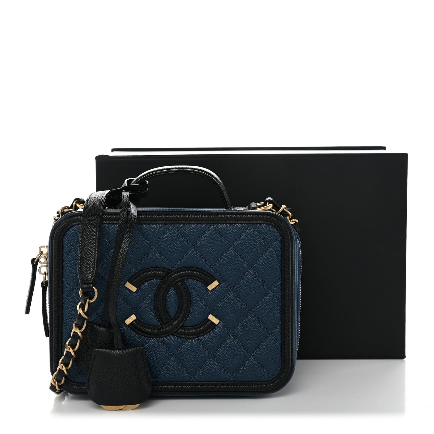 Caviar Quilted Medium CC Filigree Vanity Case Navy Black
