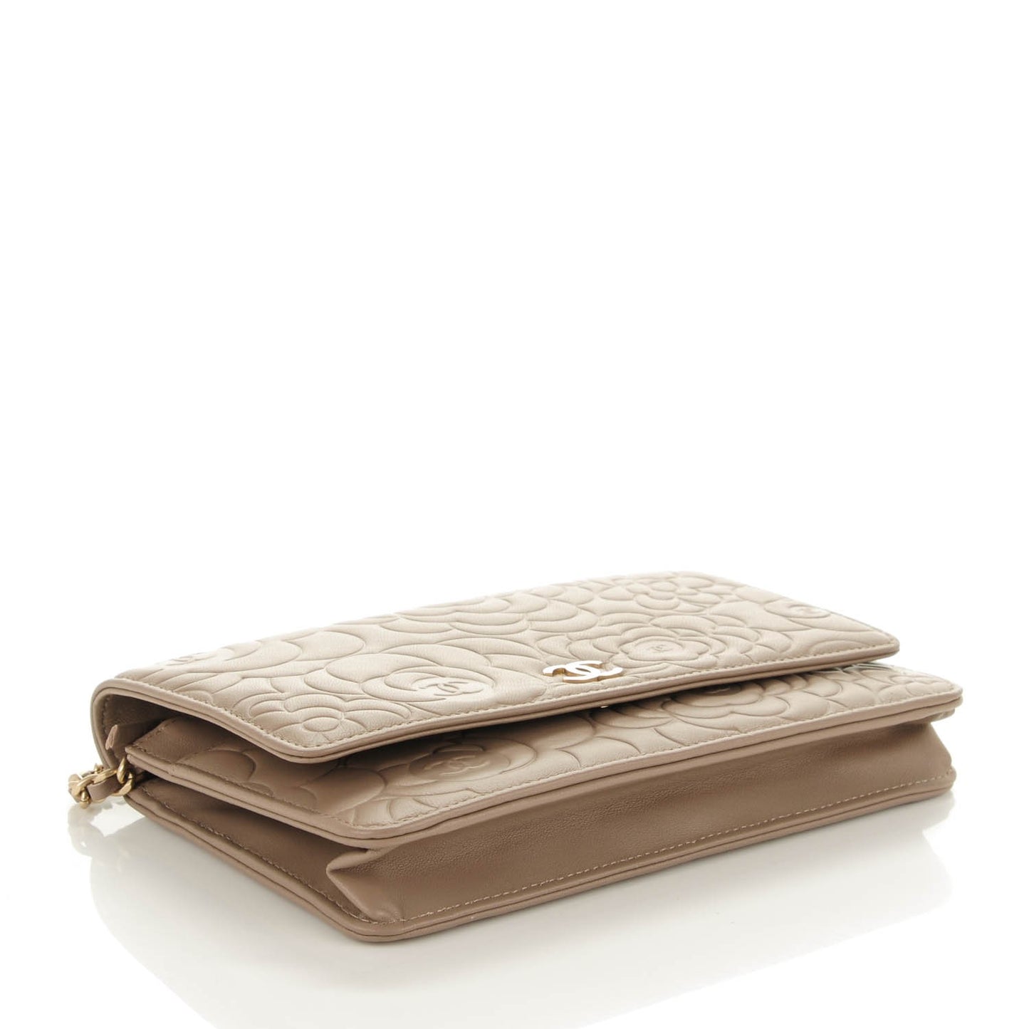 Lambskin Camellia Embossed Wallet on Chain WOC Beige