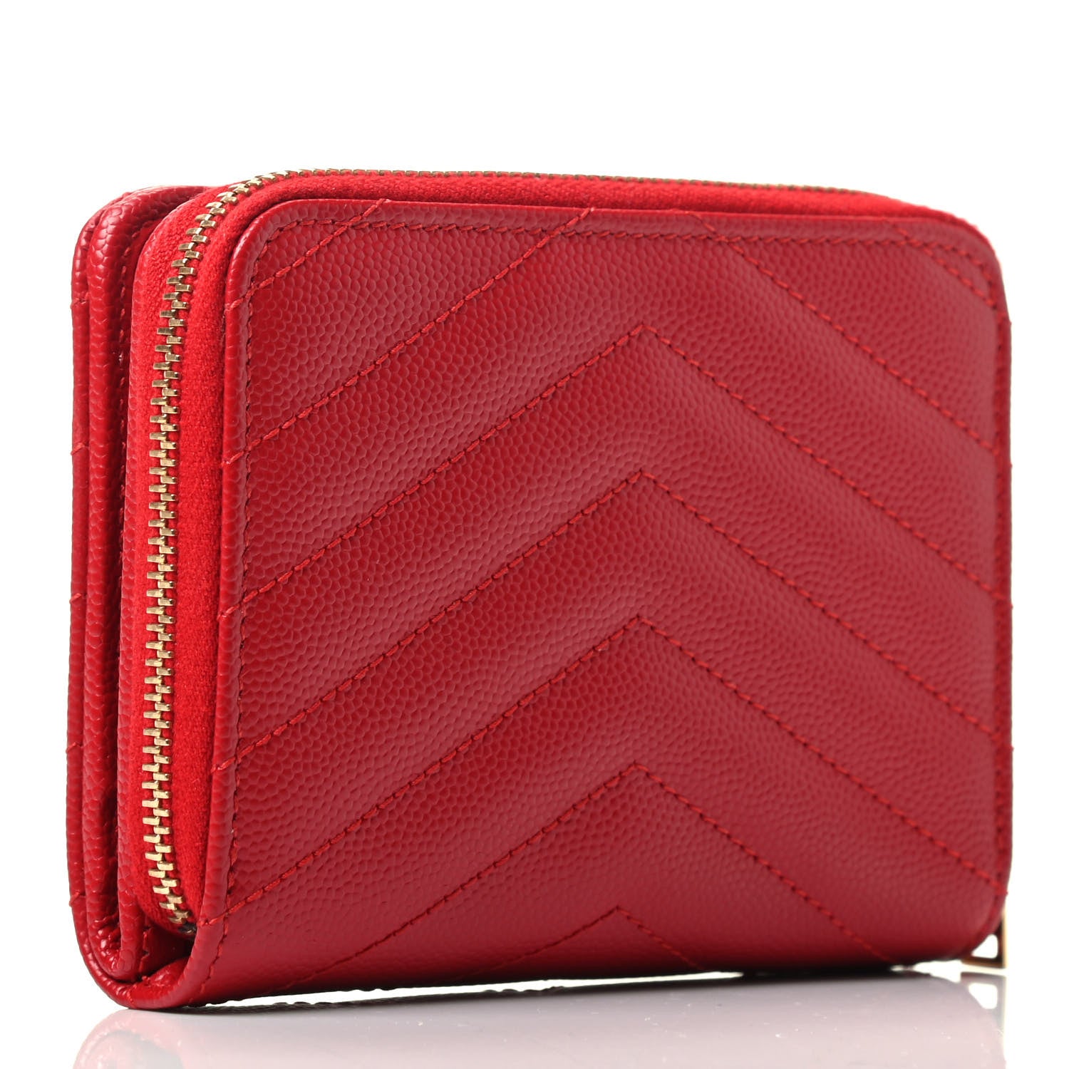 Saint Laurent Grain De Poudre Matelasse Chevron Monogram Compact Zip Around Wallet New Red 2 of 4