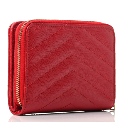 Saint Laurent Grain De Poudre Matelasse Chevron Monogram Compact Zip Around Wallet New Red 2 of 4