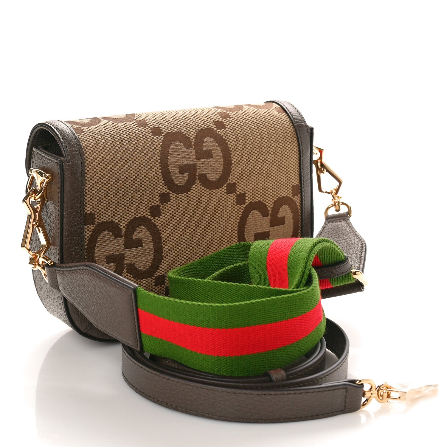 Gucci Monogram Jumbo GG Textured Dollar Calfskin Web Mini Horsebit 1955 Shoulder Bag Camel Ebony New Acero 3 of 11