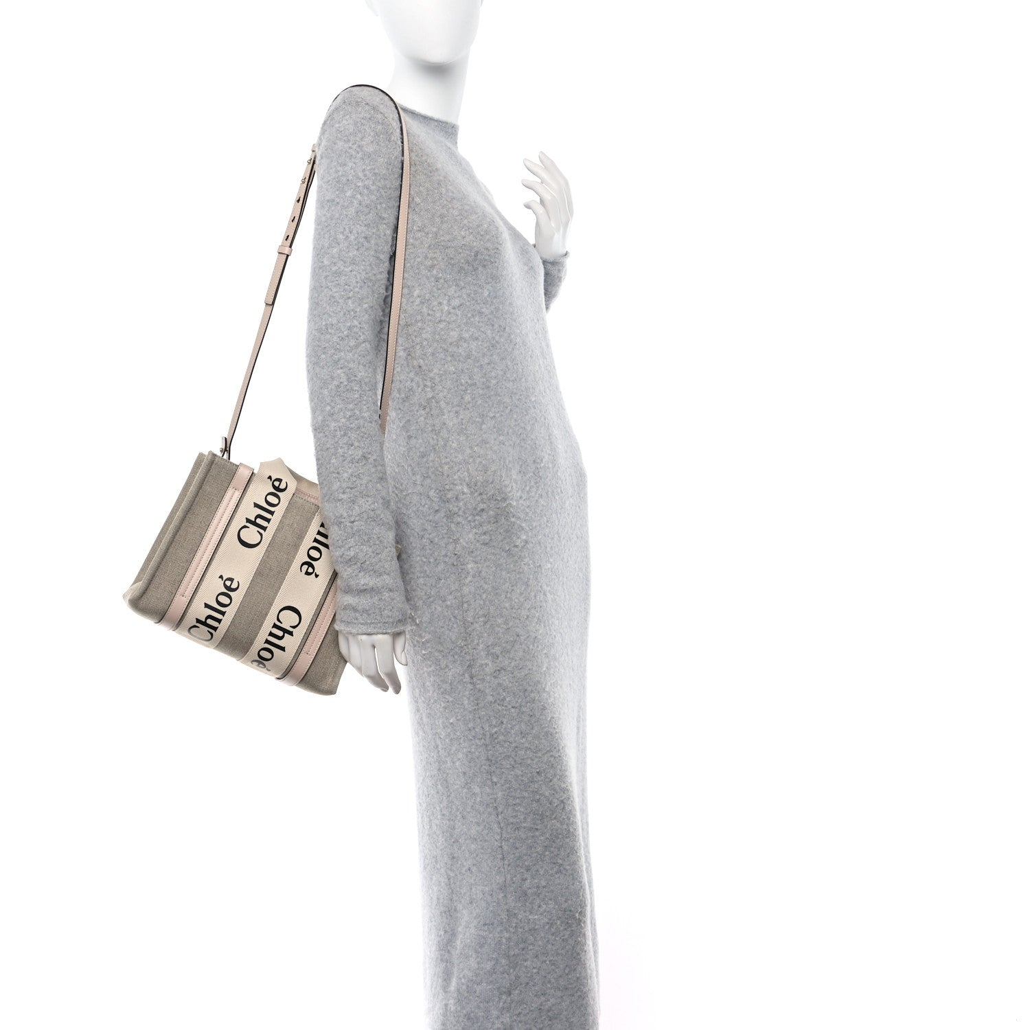 Chloe Linen Calfskin Small Woody Ribbon Tote With Strap White Pink 2 of 10