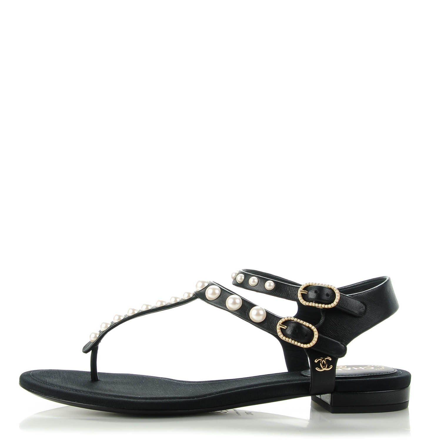 Chanel Lambskin Pearl Thong Sandals 37 Black 1 of 7