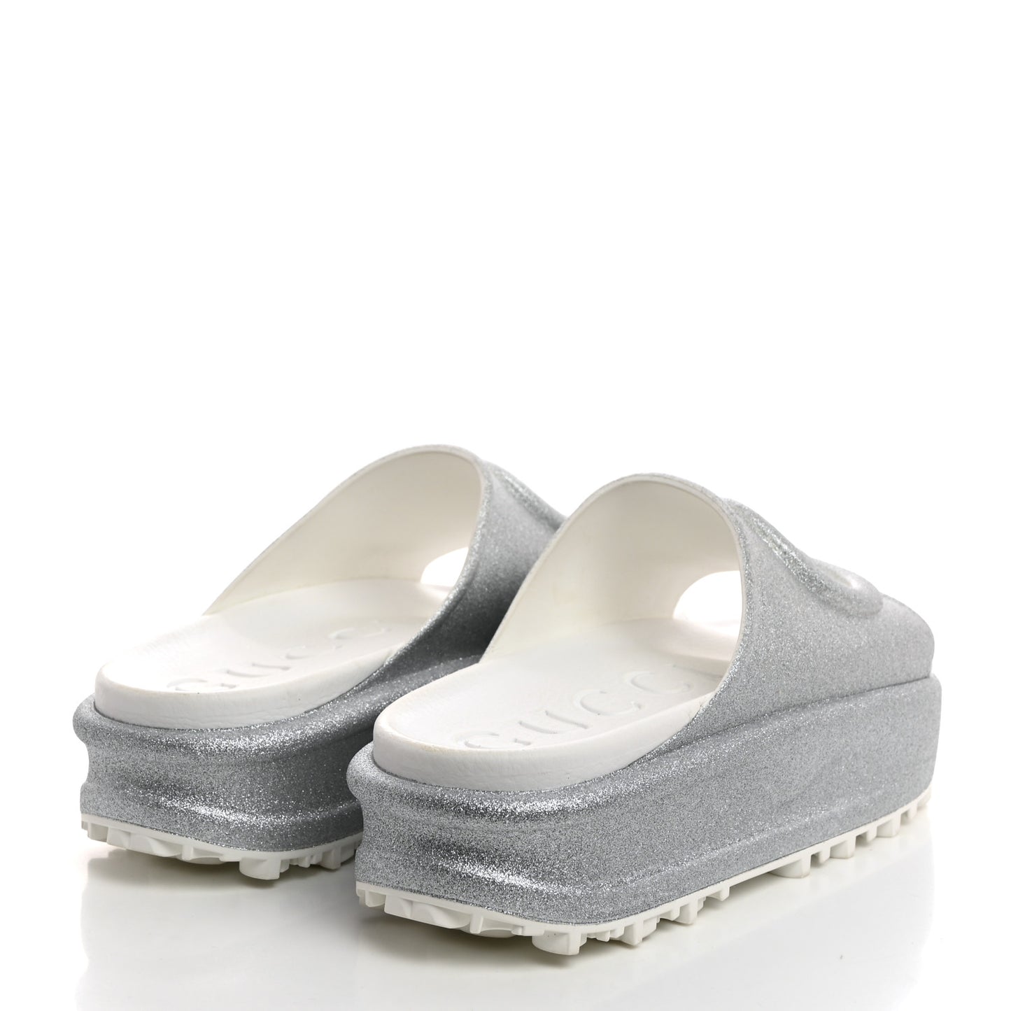 Glitter Rubber Womens Interlocking G Platform 42mm Slide Sandals 39 Silver